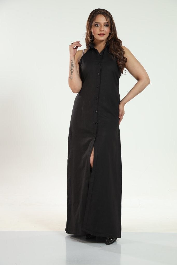 Noir Elegance Linen Gown