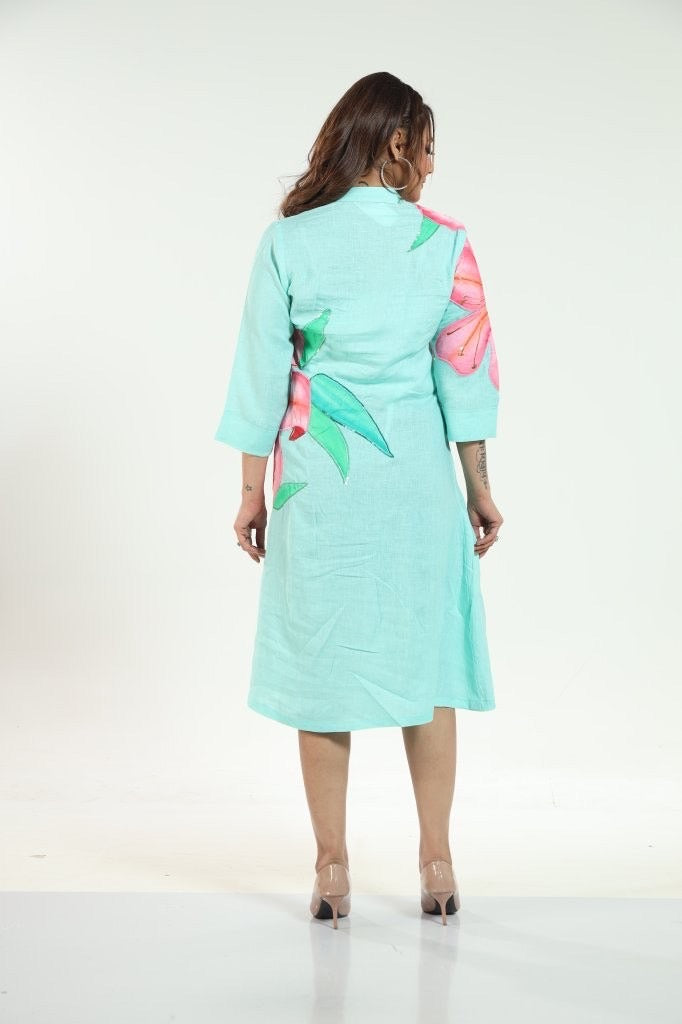 Aqua Bloom Linen Dress