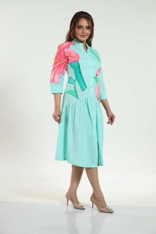 Aqua Bloom Linen Dress