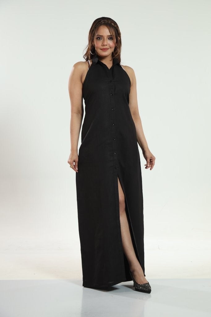 Noir Elegance Linen Gown